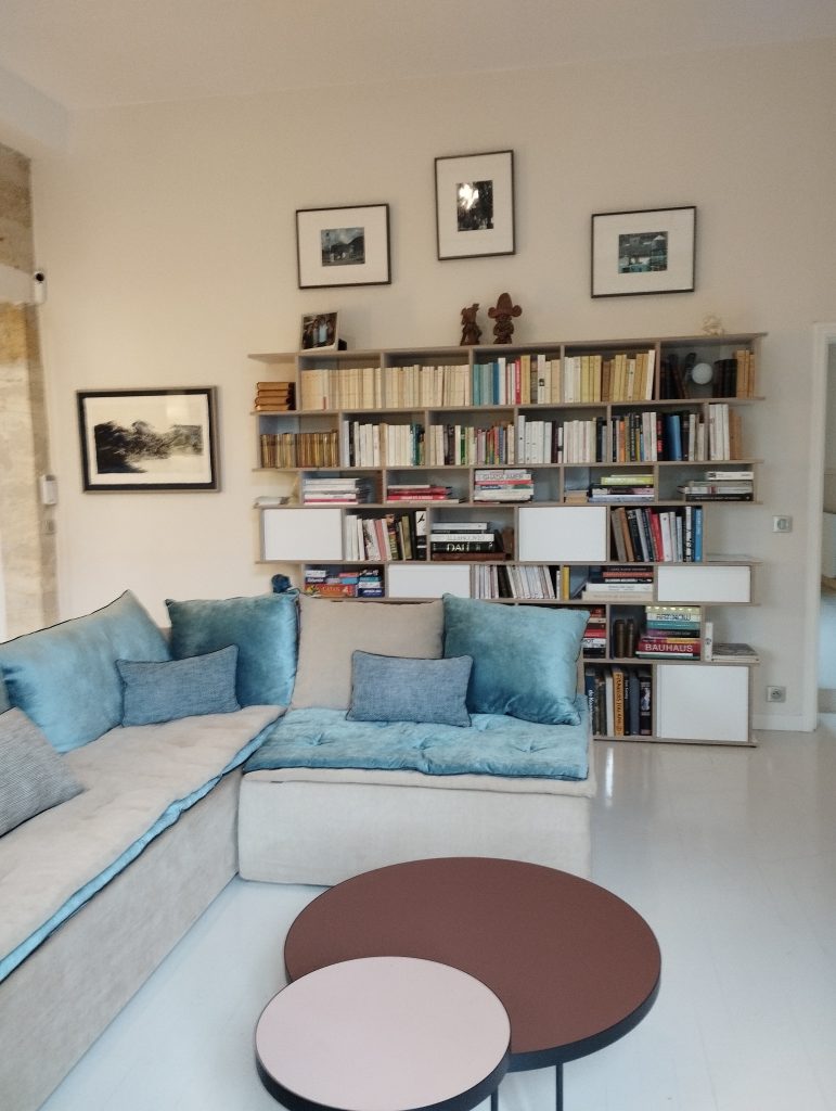 renovation et decoration appartement en pierre à bordeaux avec son salon tv bibliothèque et son canape d'angle