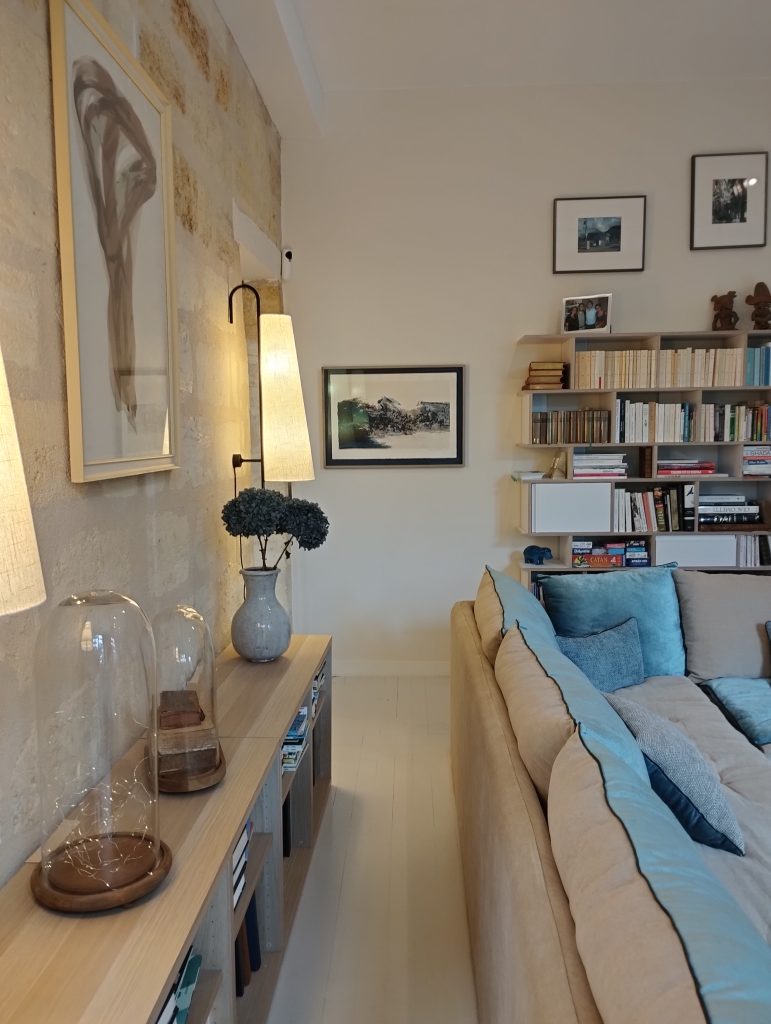 renovation et decoration appartement en pierre à bordeaux avec son salon tv bibliothèque et son canape d'angle